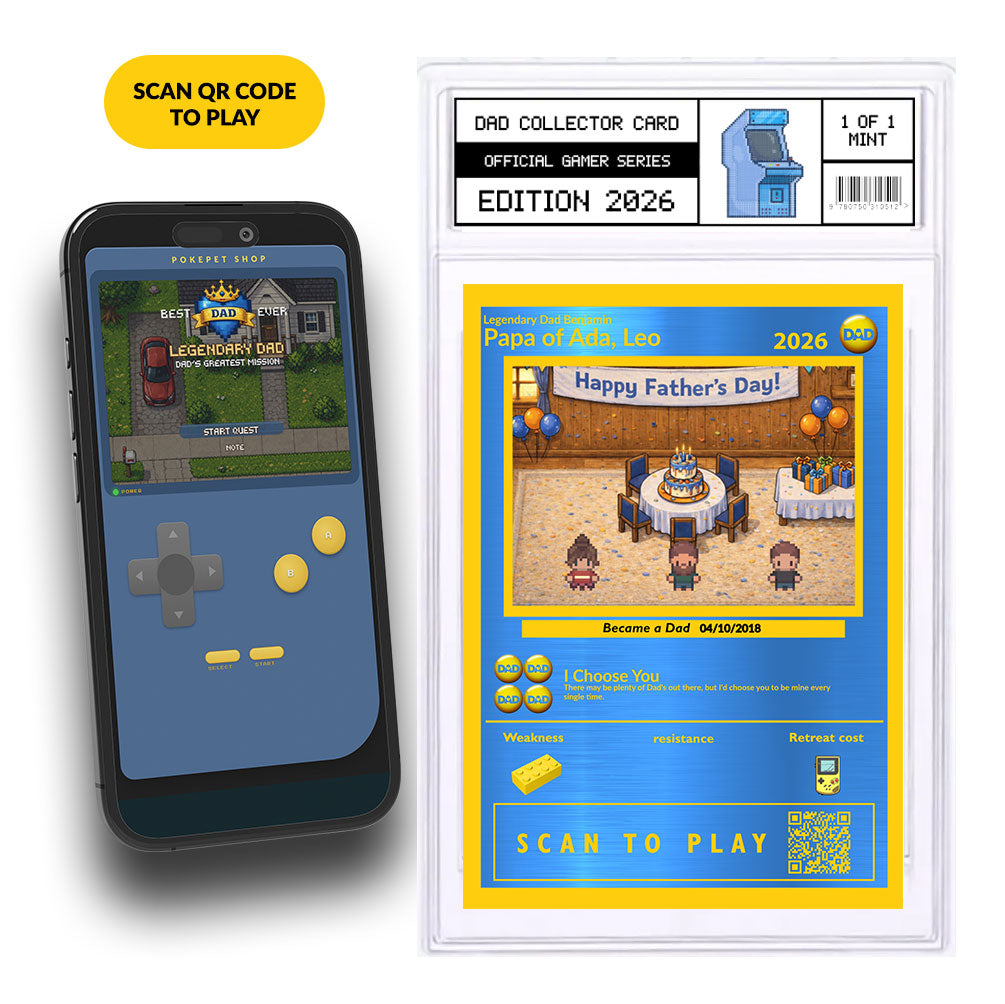 Legendary Dad Game collectible trading card with retro game on phone